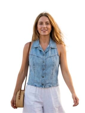DKNY Light Wash Denim Button-Up Sleeveless Vest Size L